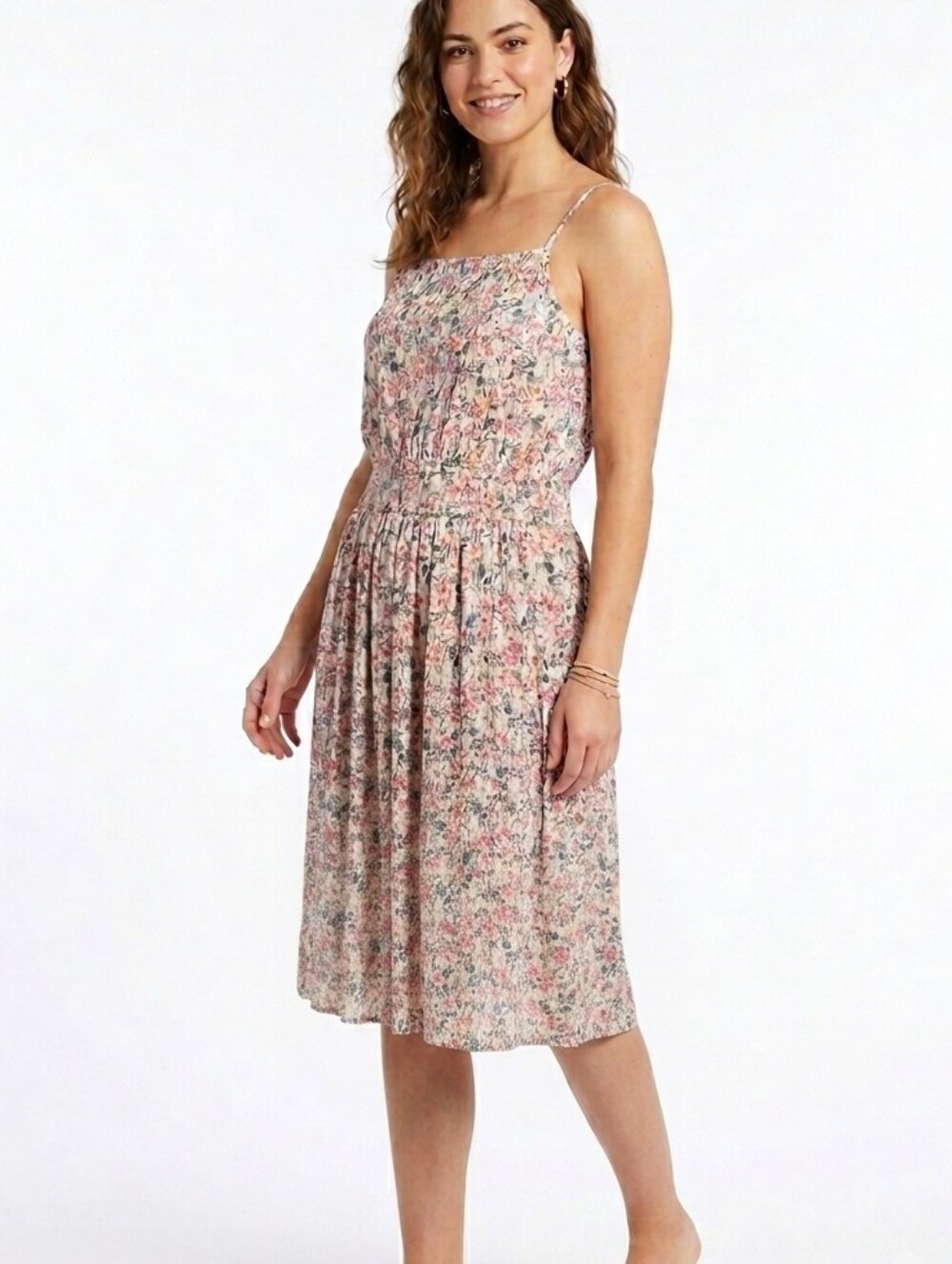 Floral Spaghetti-Strap Midi Dress in Blush Pink & Green